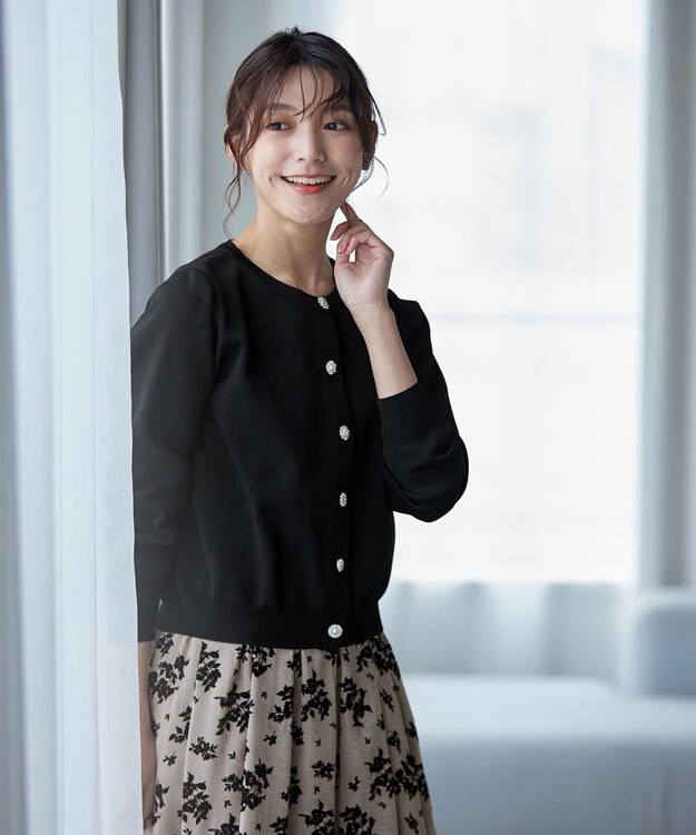 Tiaclasse L 【洗える】中空糸ビジューボタンカーディガン ブラック