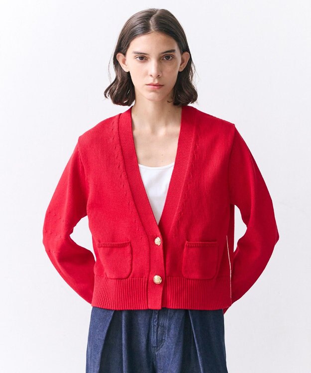 BEIGE， HELIODOR / マリンボタンクロップドカーディガン Red