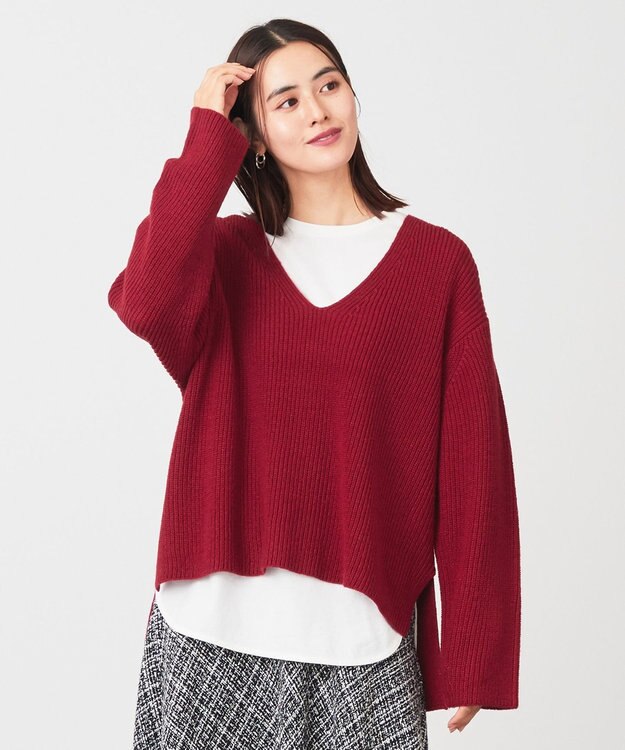 ANY ウールブレンドバルキーニット Vネック ボルドー
