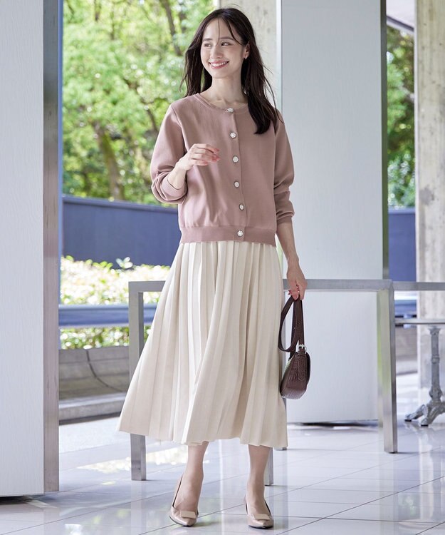 Tiaclasse L 【洗える】中空糸ビジューボタンカーディガン ピンク