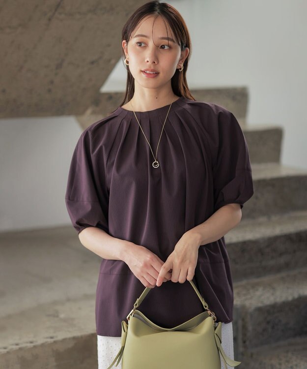 組曲 【先行予約・前後着用可】ソフトサッカーラグランスリーブ ブラウス マロン系