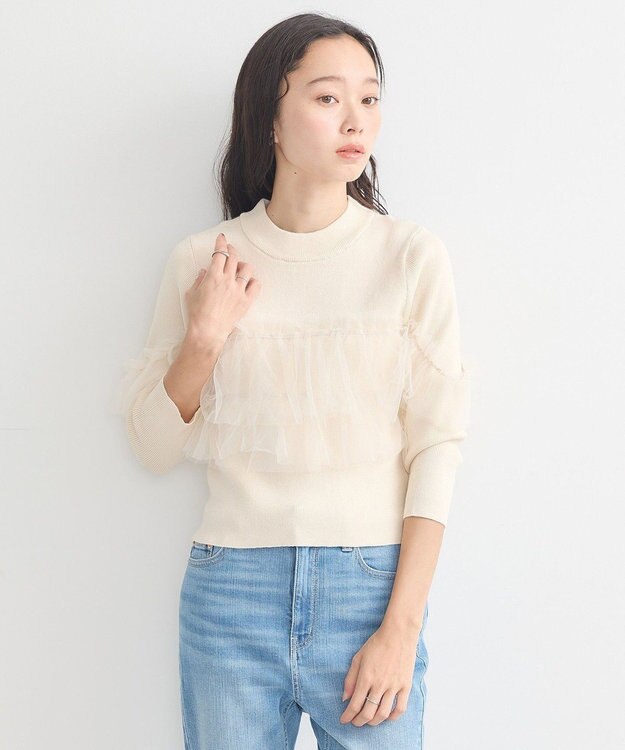 earth music&ecology 胸元チュールドッキングニットプルオーバー Ivory