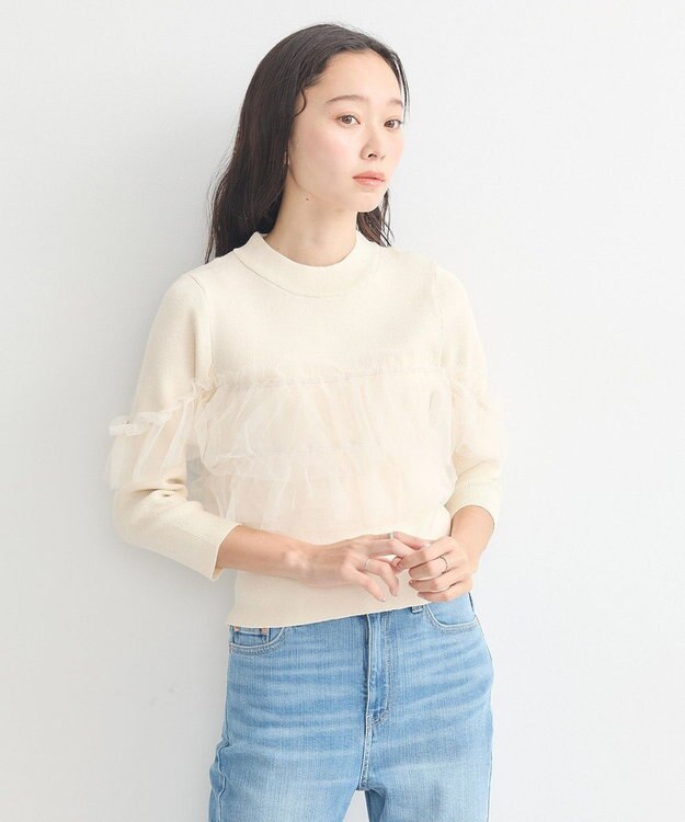 earth music&ecology 胸元チュールドッキングニットプルオーバー Ivory