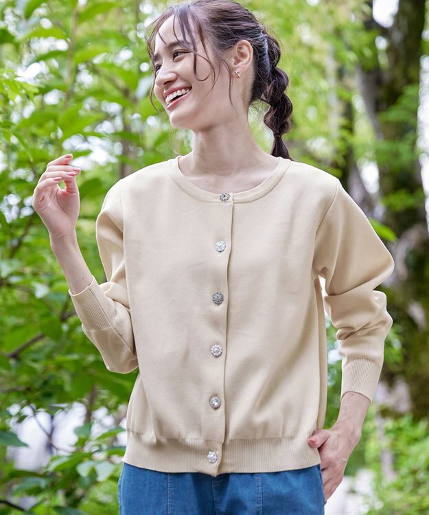 Tiaclasse L 【洗える】中空糸ビジューボタンカーディガン アイボリー