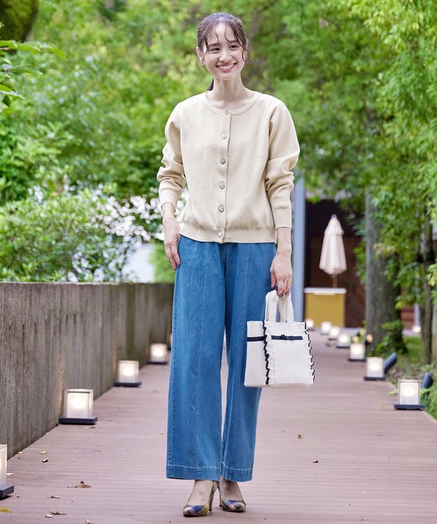 Tiaclasse L 【洗える】中空糸ビジューボタンカーディガン アイボリー