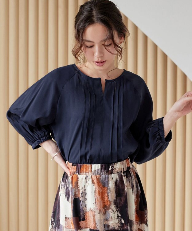 Tiaclasse L 【洗える】ラグランタックブラウス ネイビー