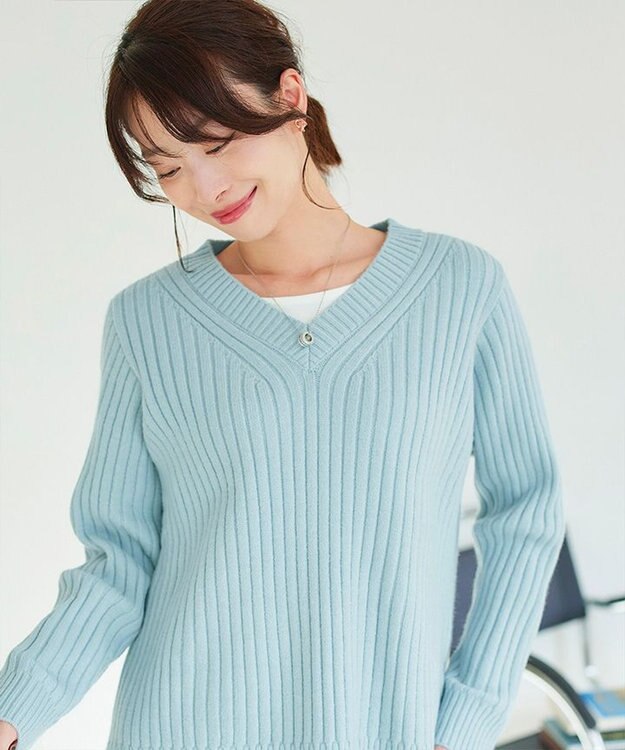 Tiaclasse L 【洗える】Vネックリブ編みニット サックス