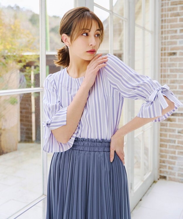 Tiaclasse L 【洗える】リボンスリーブブラウス ブルーストライプ