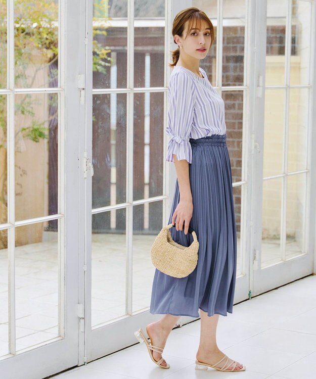 Tiaclasse L 【洗える】リボンスリーブブラウス ブルーストライプ