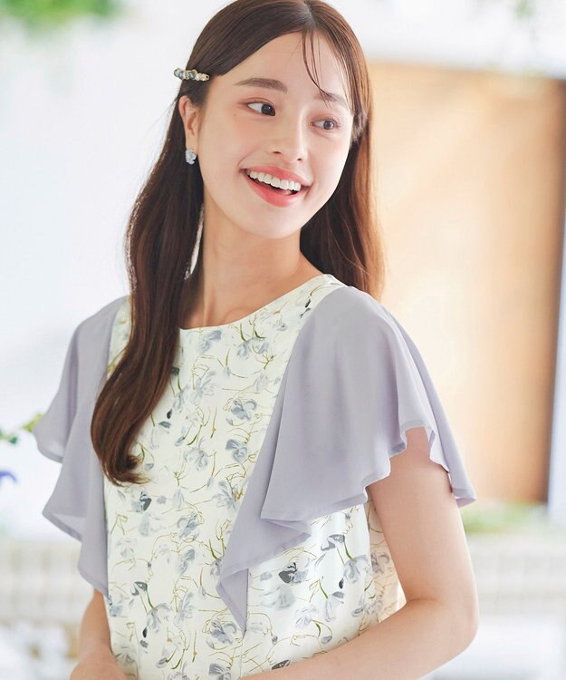 Tiaclasse 【洗える】フレアスリーブ花柄サックワンピース オフホワイト×グレー