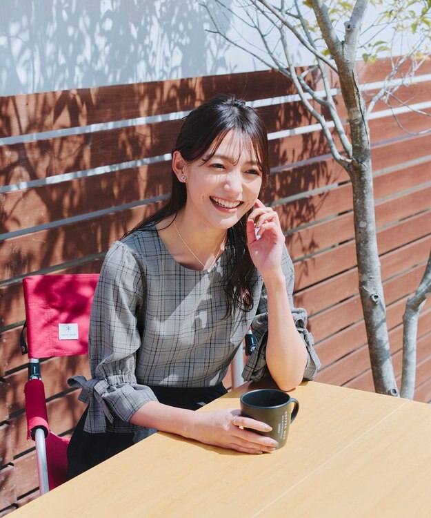 Tiaclasse L 【洗える】リボンスリーブブラウス グレーチェック