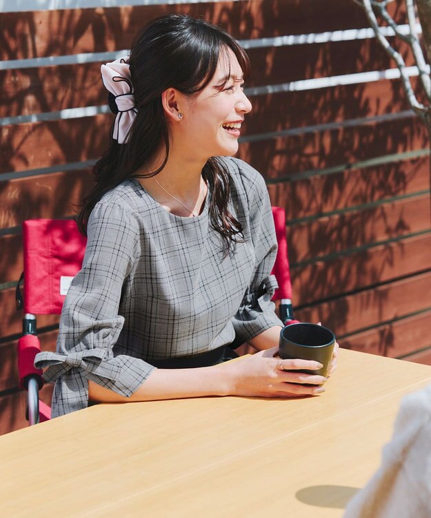 Tiaclasse L 【洗える】リボンスリーブブラウス グレーチェック