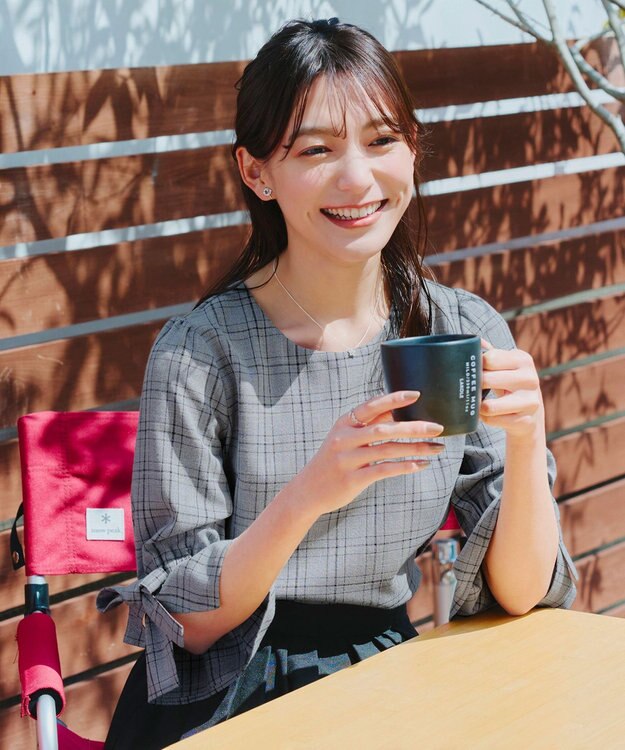 Tiaclasse L 【洗える】リボンスリーブブラウス グレーチェック