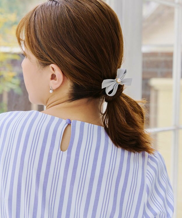 Tiaclasse L 【洗える】リボンスリーブブラウス ブルーストライプ