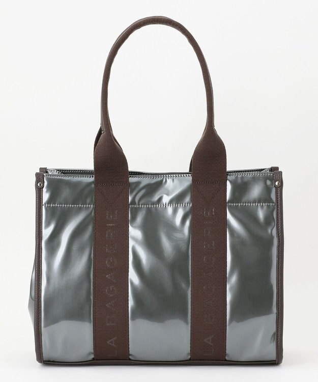 LA BAGAGERIE ソフトエナメル　ロゴテープトートバッグ　Lサイズ ガンメタリック