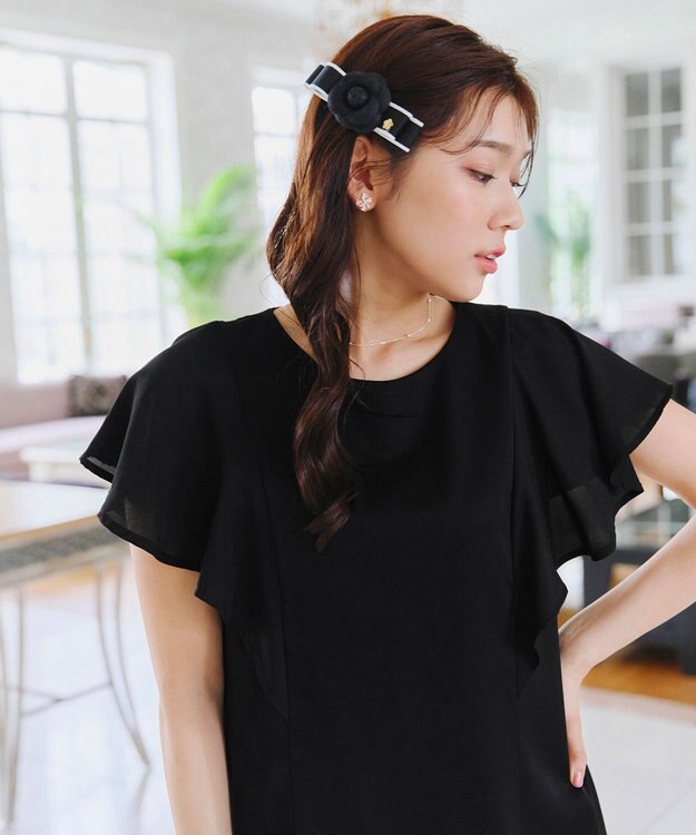 Tiaclasse 【洗える】フレアスリーブ花柄サックワンピース ブラック