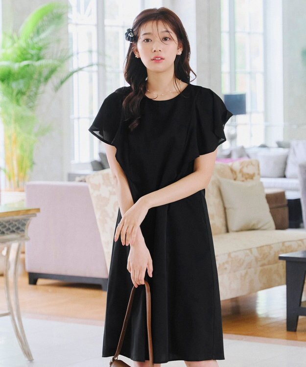 Tiaclasse 【洗える】フレアスリーブ花柄サックワンピース ブラック