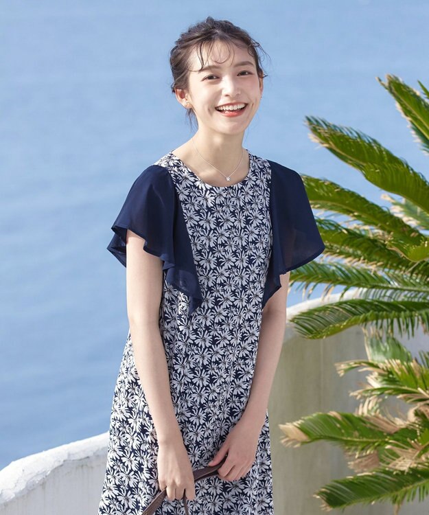 Tiaclasse 【洗える】フレアスリーブ花柄サックワンピース ネイビー