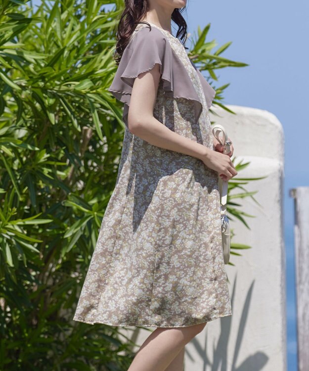 Tiaclasse 【洗える】フレアスリーブ花柄サックワンピース モカ