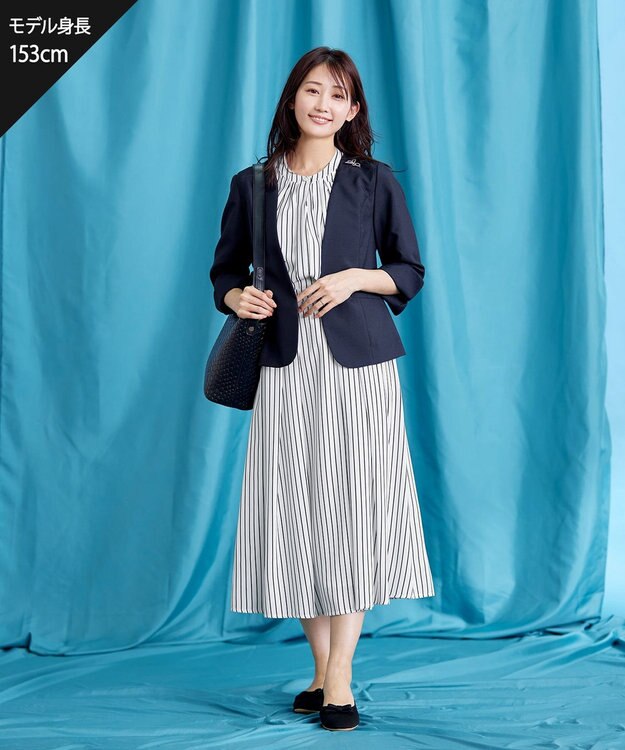 Tiaclasse 【2WAY・洗える】バンドカラーストライプリボンワンピース オフホワイト