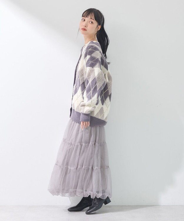 earth music&ecology ループ編みアーガイルカーディガン Gray