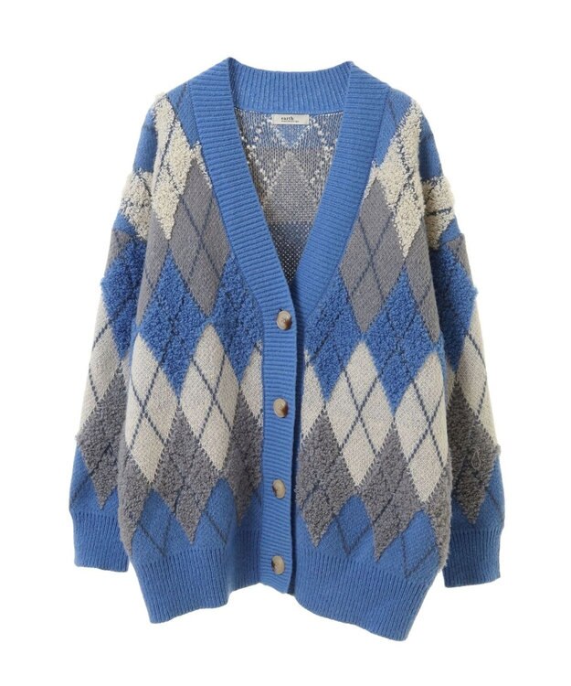 earth music&ecology ループ編みアーガイルカーディガン Blue