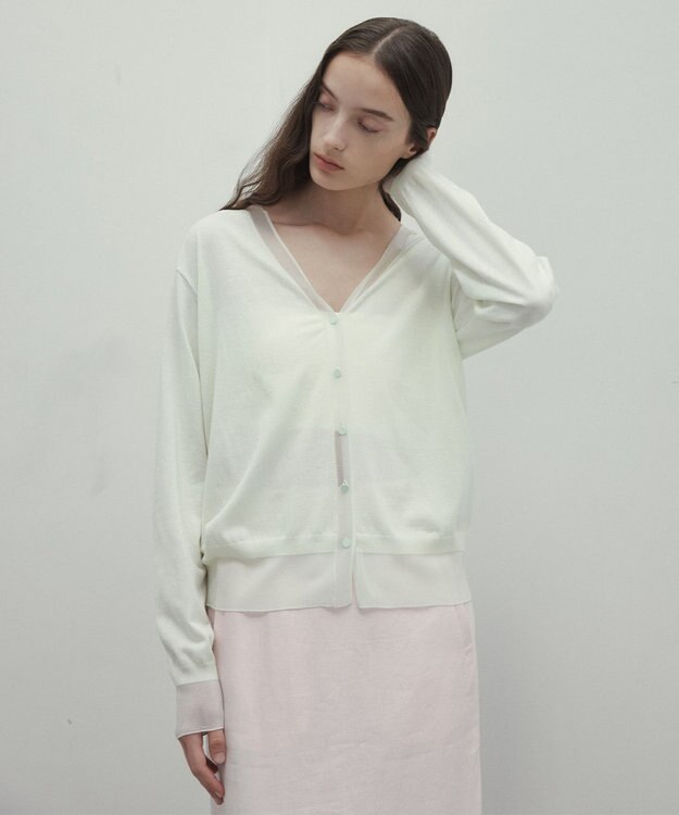 BEIGE， 【洗える】JULIE / シルク混シアーVネックカーディガン Sage
