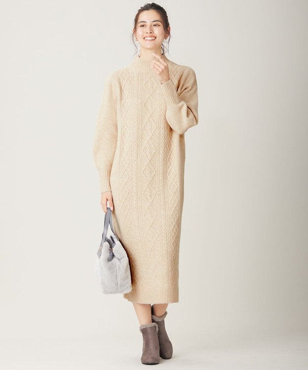 ANY SIS 【洗える】ハイネックケーブルニット ワンピース オートミール