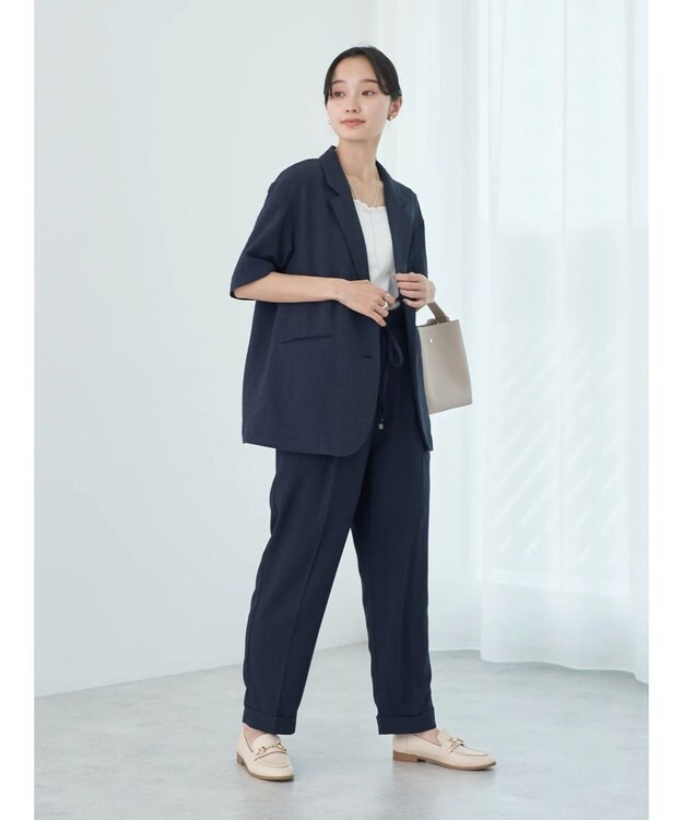 earth music&ecology リネンライク５分袖ジャケット Navy