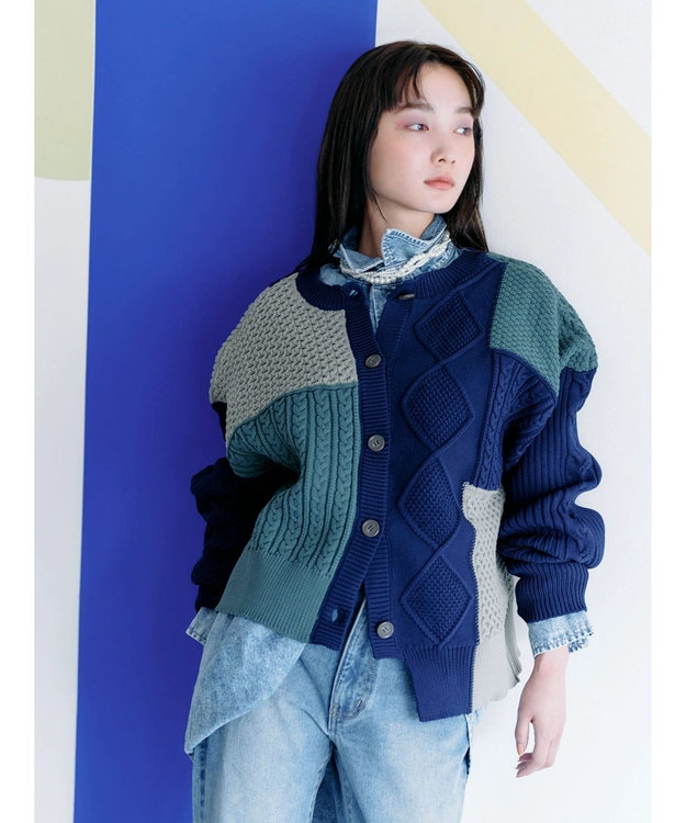 Green Parks ＫＢＦ　２ＷＡＹパッチワークニットカーディガン Off White