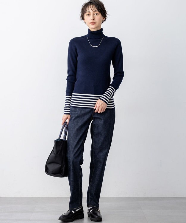 23区 L 【見上愛さん着用/VERY掲載/洗える】ウーステッドウール リブタートル ボーダー ニット ネイビー×オフ