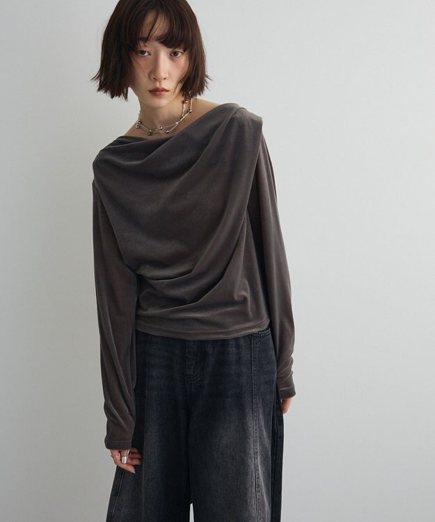 Green Parks シアーベロアオフショル長袖プルオーバー Gray