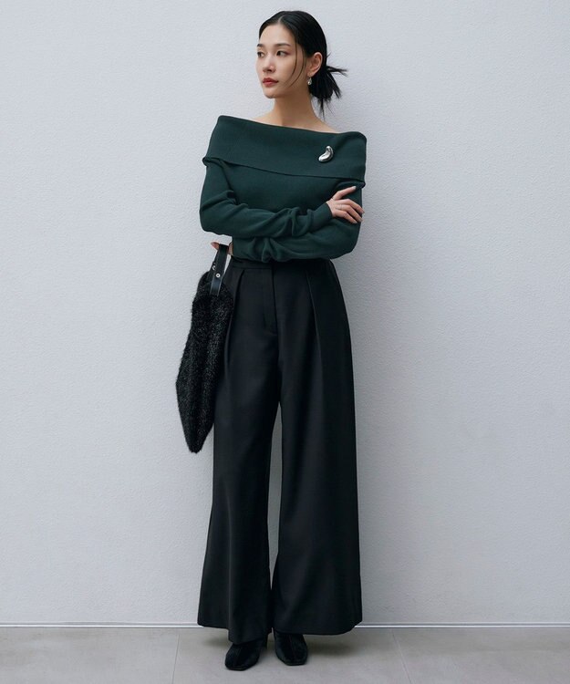 ICB 【洗える】 ウールヴィスコースストレッチ タックパンツ ブラック系