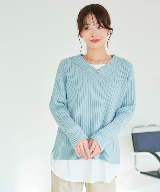 Tiaclasse L 【洗える】Vネックリブ編みニット サックス