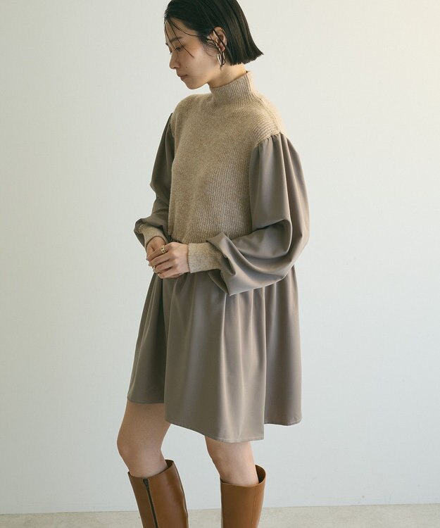 Green Parks ａ．布帛切り替えニットミニワンピース Beige
