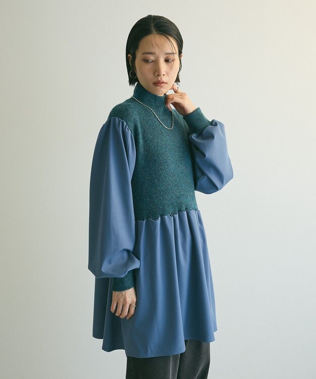 Green Parks ａ．布帛切り替えニットミニワンピース Blue