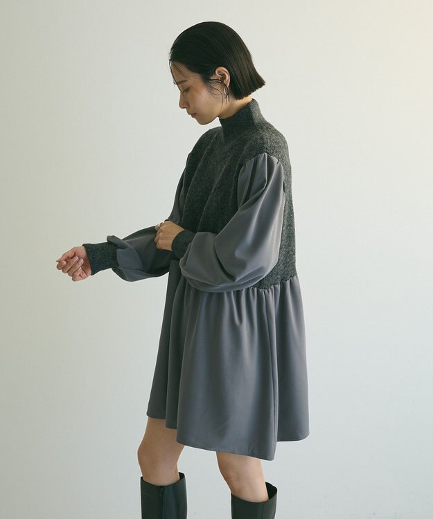 Green Parks ａ．布帛切り替えニットミニワンピース Gray