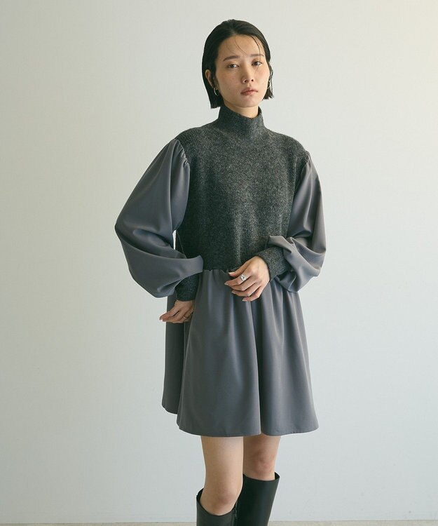 Green Parks ａ．布帛切り替えニットミニワンピース Gray