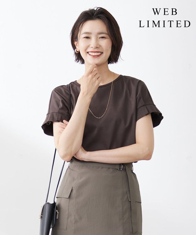 J.PRESS LADIES 【WEB限定カラーあり・接触冷感・UVケア】コンパクトコットンスムース タックスリーブ カットソー ダークブラウン系