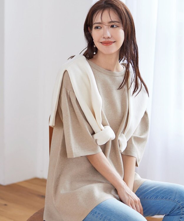 Tiaclasse L 【洗える】タックベルスリーブニットチュニック ベージュ