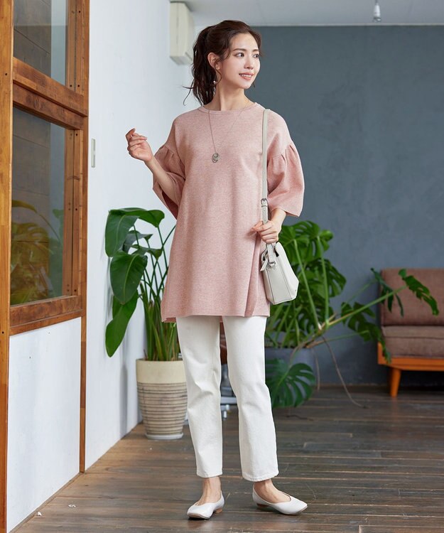 Tiaclasse L 【洗える】タックベルスリーブニットチュニック ピンク