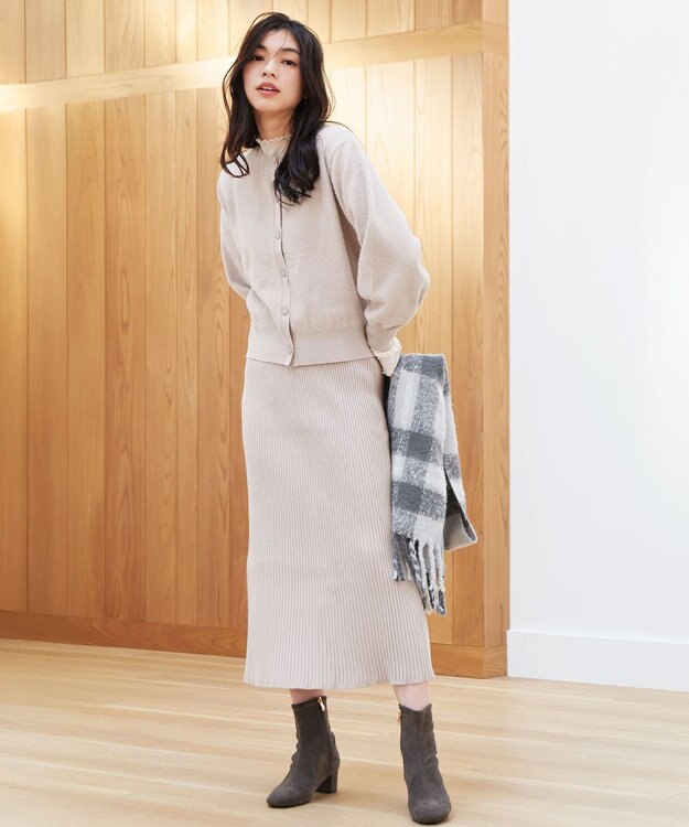 ANY L フェザーカーディガン×ニットスカートセットアップ ライトグレー