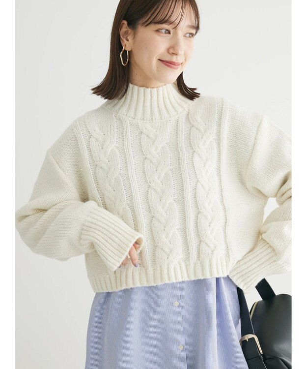 Green Parks ショート丈ケーブルニットプルオーバー Off White