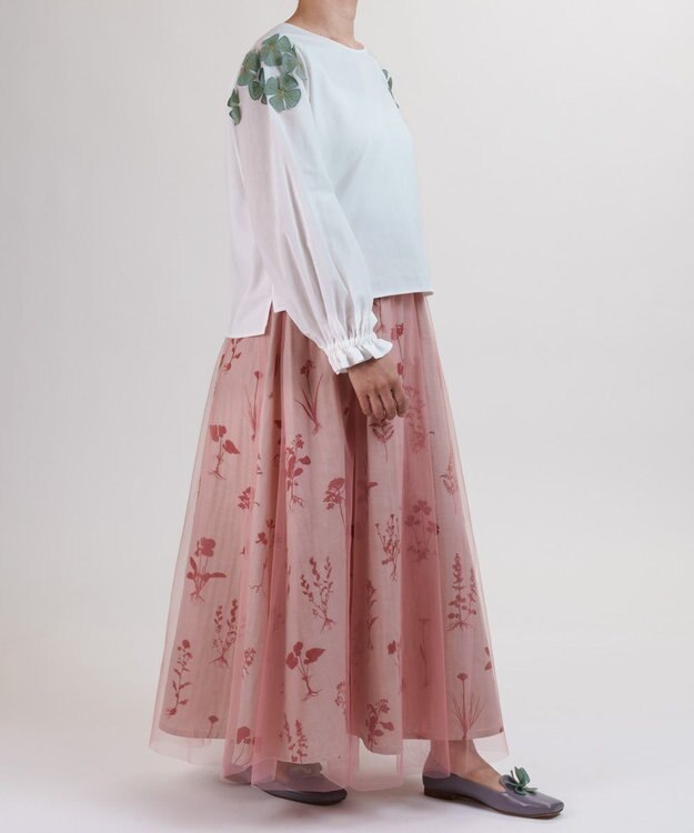 muuc 【植物の影絵プリント】チュールレイヤースカート ピンク