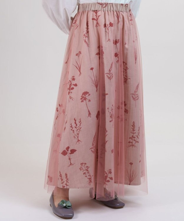 muuc 【植物の影絵プリント】チュールレイヤースカート ピンク