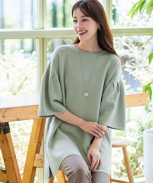 Tiaclasse L 【洗える】タックベルスリーブニットチュニック ミント