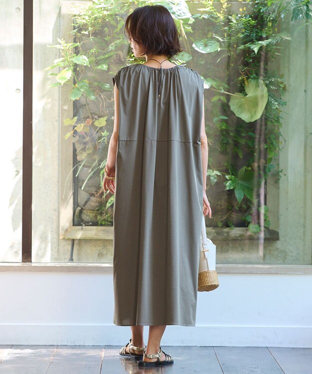 自由区 L 【洗える】ライトギャザーフレンチスリーブ ワンピース カーキ系