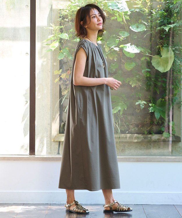 自由区 L 【洗える】ライトギャザーフレンチスリーブ ワンピース カーキ系