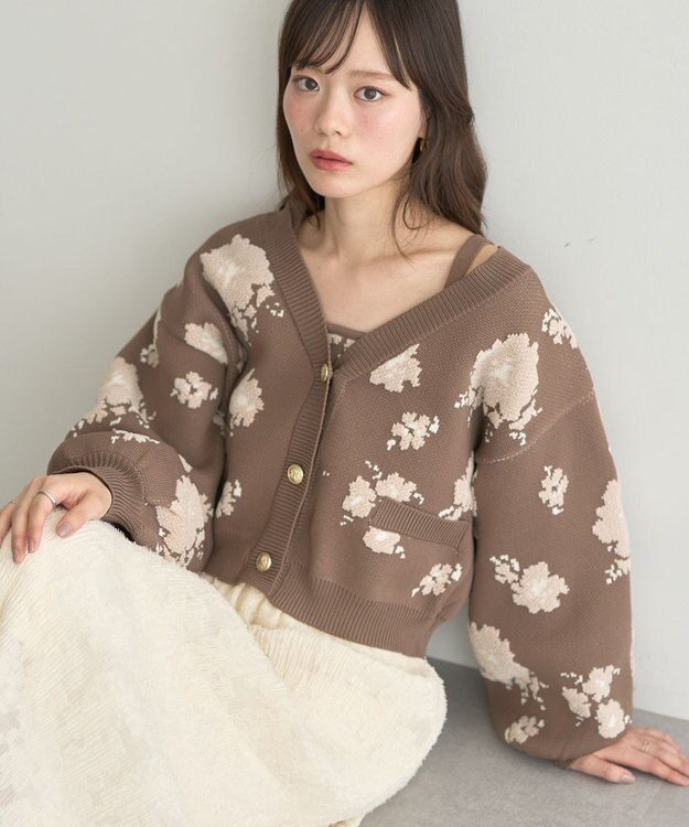 earth music&ecology SET2点フラワージャガードカーデ+ビスチェ Brown