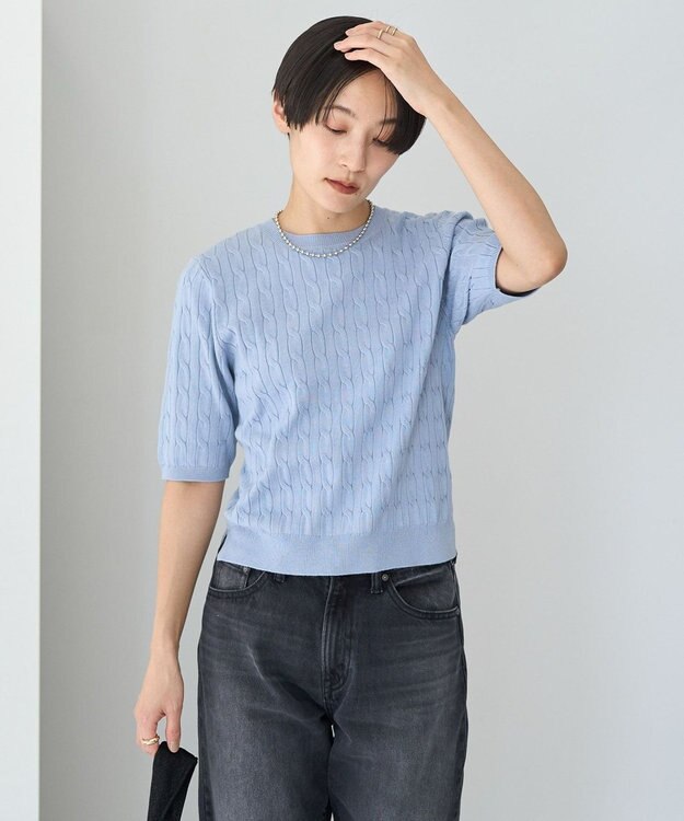 AMERICAN HOLIC ケーブル５分袖ニットプルオーバー Grayish Blue